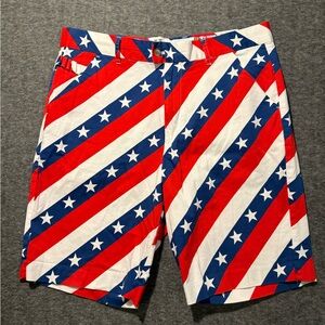 Royal & Awesome USA Flag Shorts Mens 36 red white blue 9" chino Stars Stripes